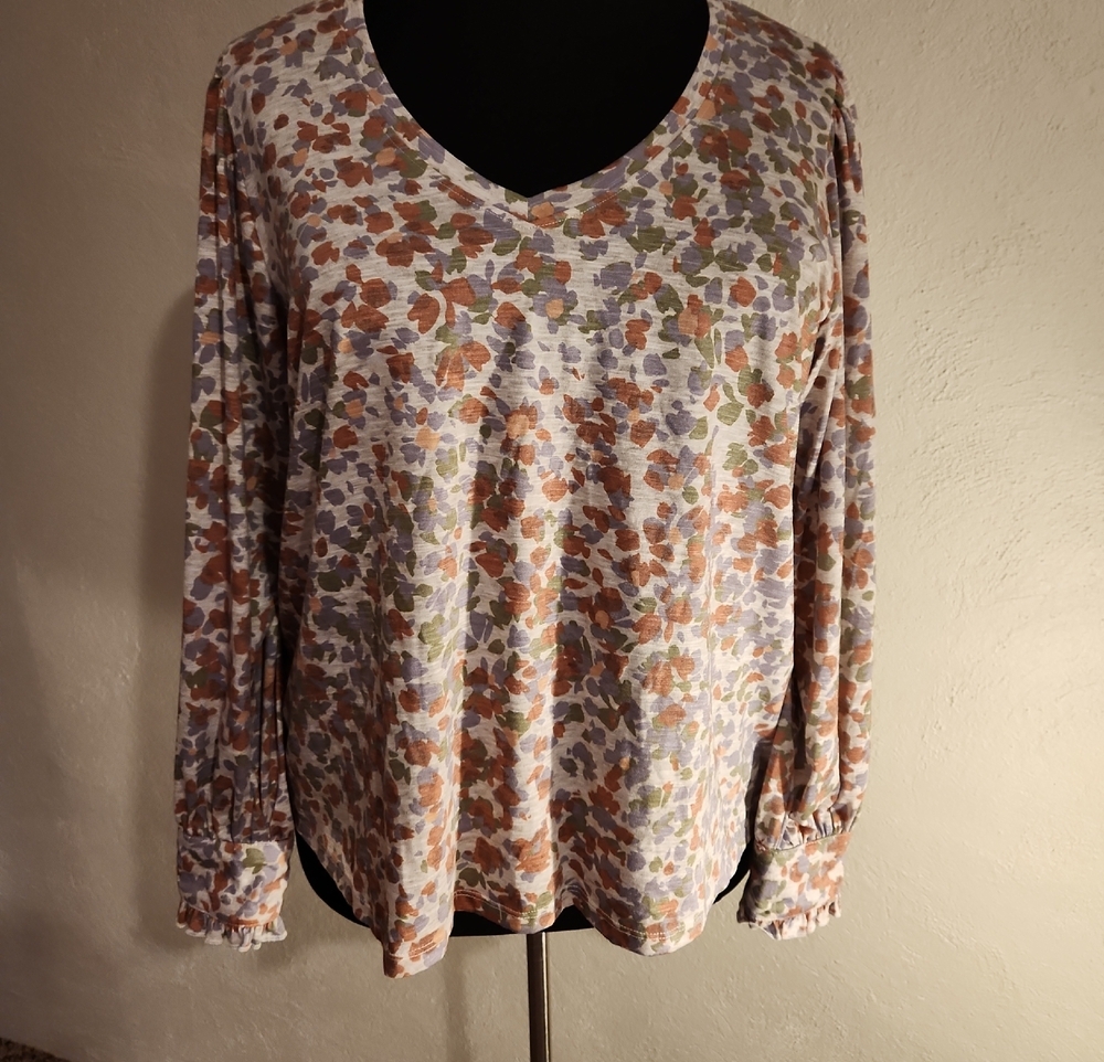 Democracy V-Neck Long Sleeve Floral Top Rust Olive Lavender 3X NWOT